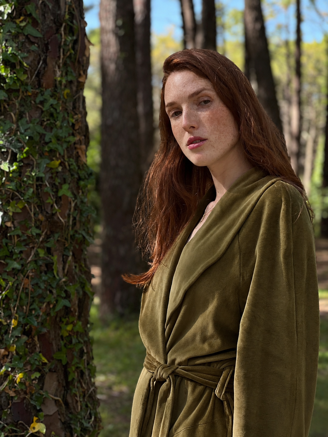 Lebowski long olive green cotton velour robe – Helena Muza