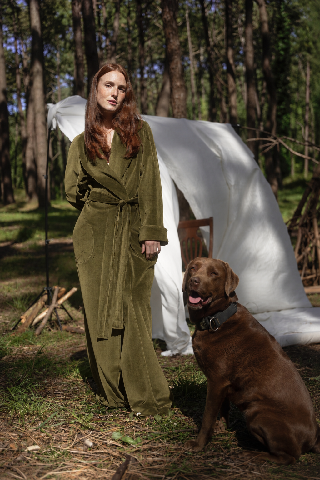 Lebowski long olive green cotton velour robe – Helena Muza