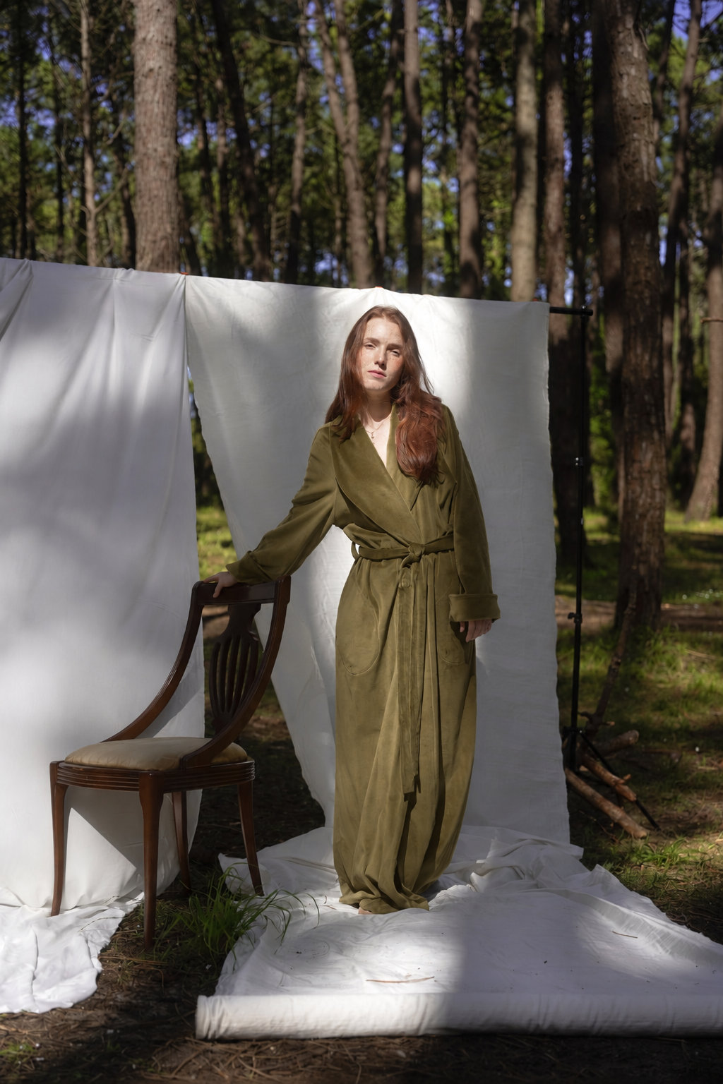 Lebowski long olive green cotton velour robe – Helena Muza