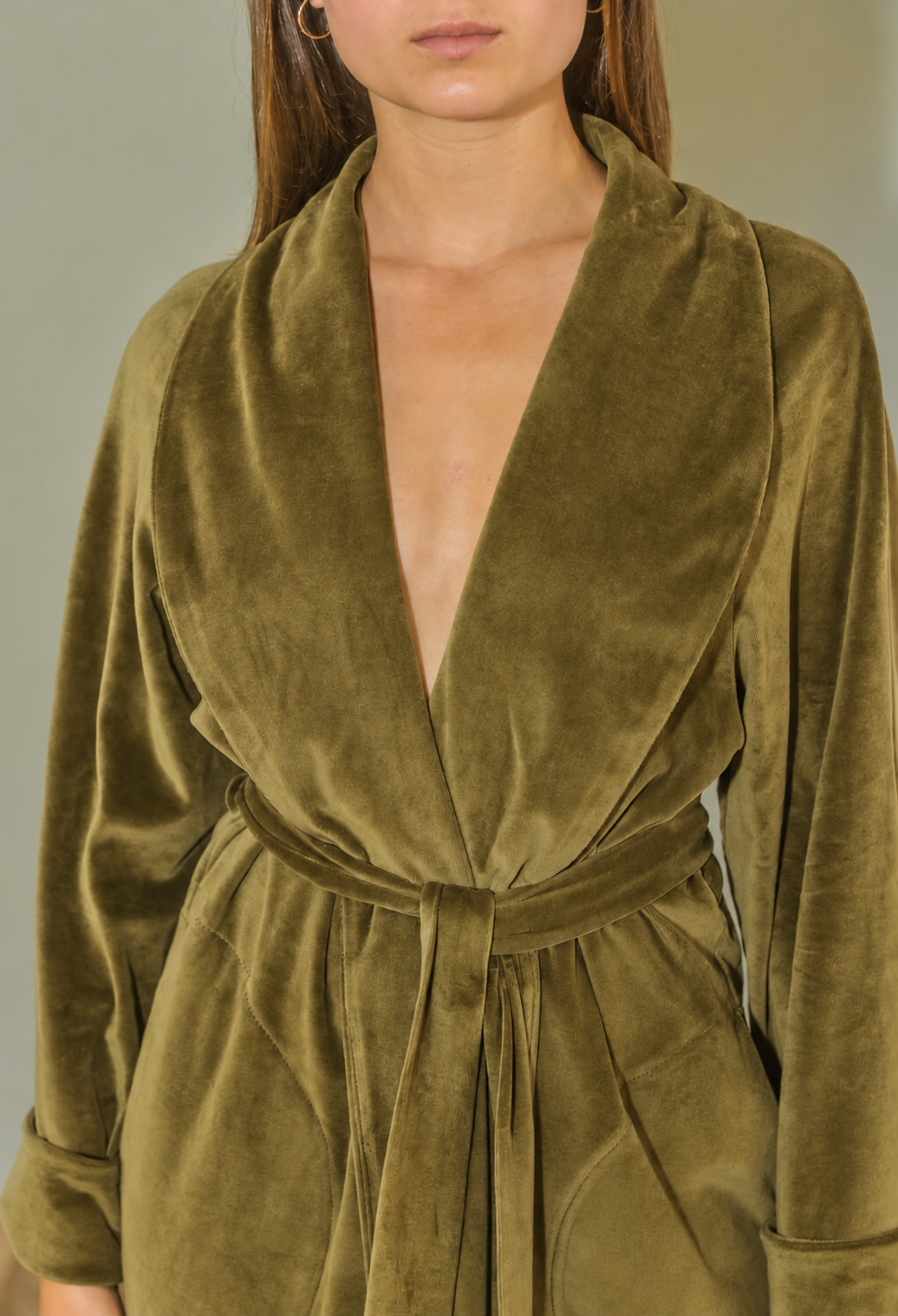 Lebowski long olive green cotton velour robe – Helena Muza