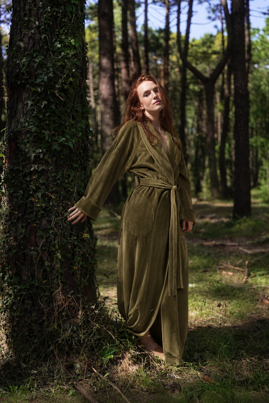 Lebowski long olive green cotton velour robe – Helena Muza