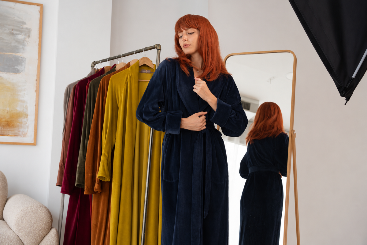 Midnight long dark navy blue cotton velour robe – Helena Muza