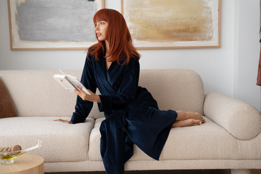 Midnight long dark navy blue cotton velour robe – Helena Muza